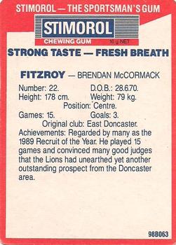 1990 AFL Scanlens Stimorol #65 Brendan McCormack Back